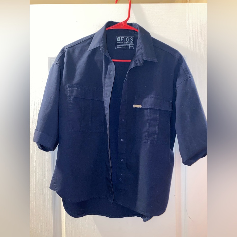 Figs Soho Button Down Scrub Top Navy Blue